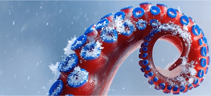 Oktopustentakel im Schneefall, der sich farblich von weiß zu rot verändert – symbolisiert die flexible Optik und die große Auswahl individuell kombinierbarer Nissan Winterreifen und Felgen.