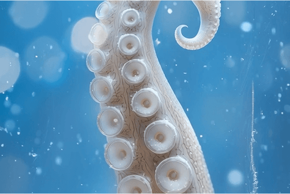 Flexibler Oktopustentakel mit Saugnäpfen im Schneefall – symbolisiert die weiche, anpassungsfähige Gummimischung der Nissan Winterreifen für kurze Bremswege selbst bei Kälte.